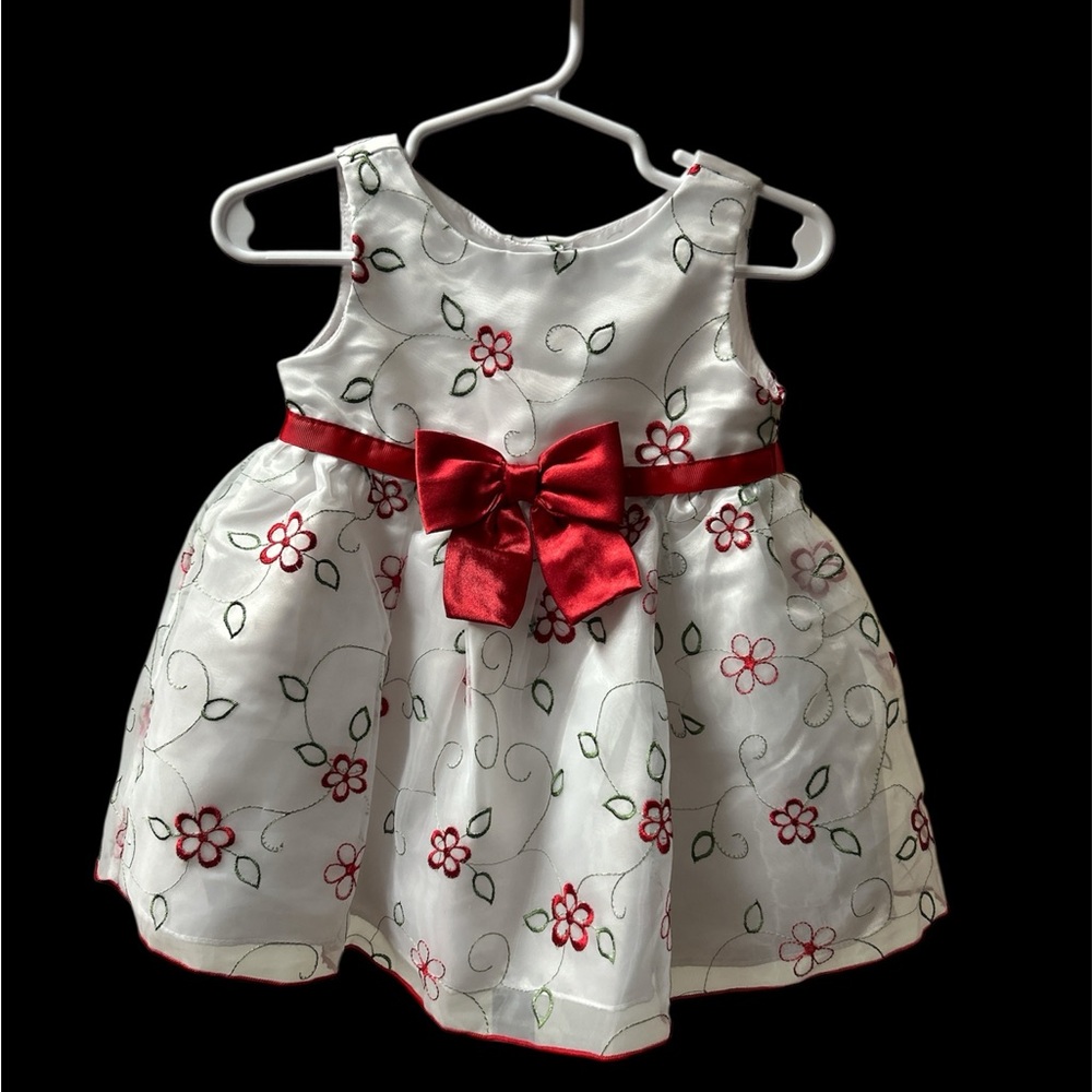 Youngland Baby White Dress with Red and Green Floral Design